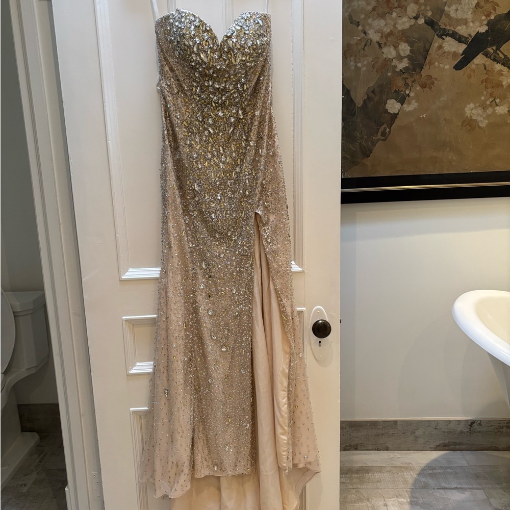 Terani Couture Gold Sequin Prom Dress
